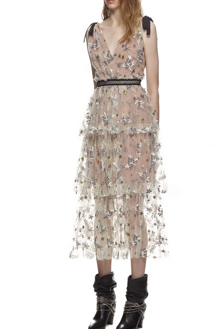 Бежева сукня міді зі сріблястою вишивкою