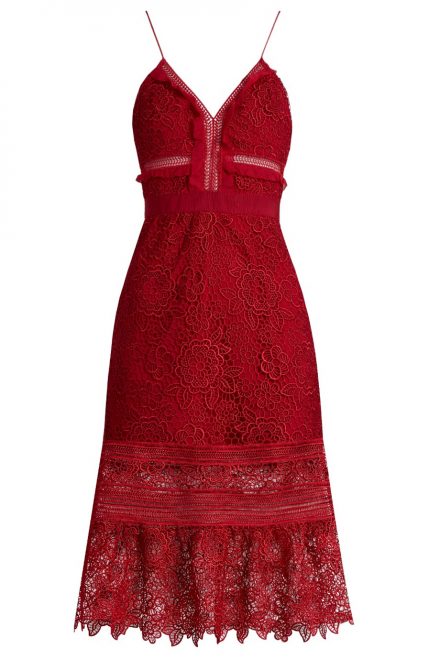 Мереживна сукня-міді винного відтінку