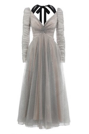 Подіумна шовкова сукня-міді із чорними стрічками