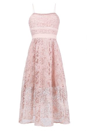 Рожеве мереживне плаття міді з талією ампір