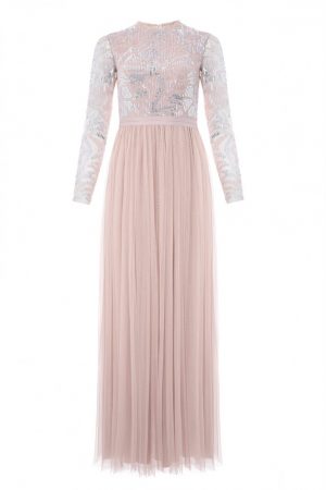 Ніжно-рожева вечірня сукня з довгим рукавом