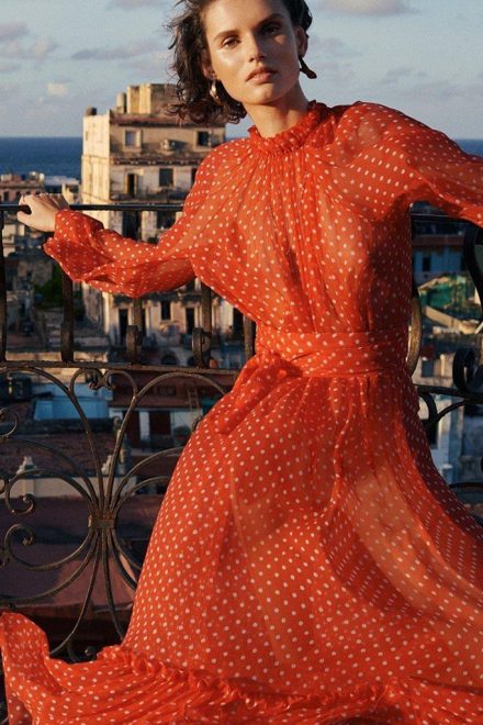 Шовкова сукня с принтом polka dot та довгим рукавом