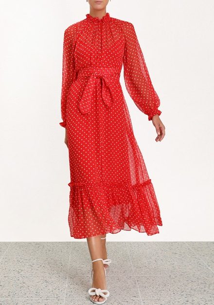 Шовкова сукня с принтом polka dot та довгим рукавом