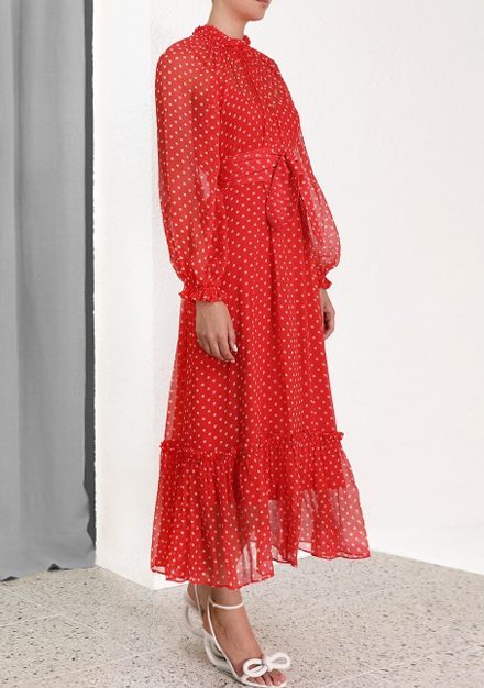 Шовкова сукня с принтом polka dot та довгим рукавом