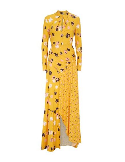 Сукня відтінку бурштину з міксом принтів і драпіруванням