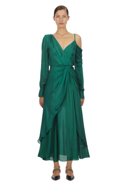 Асиметрична жаккардова сукня глибокого смарагдового відтінку