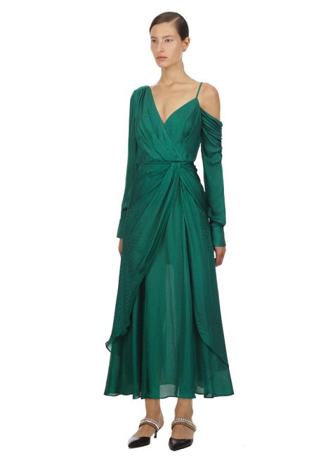 Асиметрична жаккардова сукня глибокого смарагдового відтінку