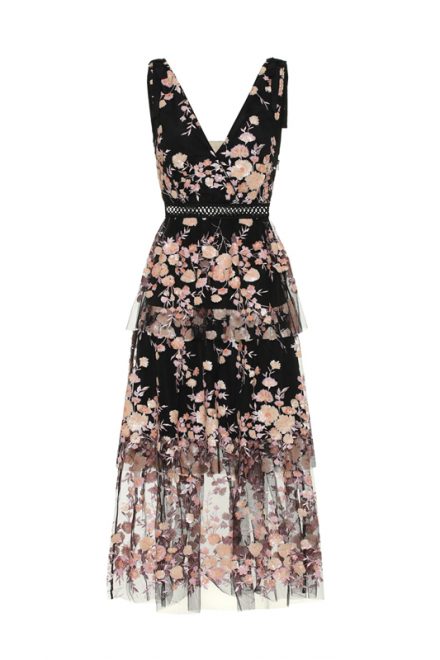 Чёрное платье-миди с нежной вышивкой по тюлю