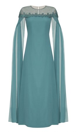 Бірюзова сукня-кейп з прозорими рукавами