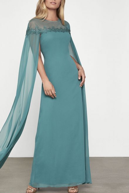 Бірюзова сукня-кейп з прозорими рукавами