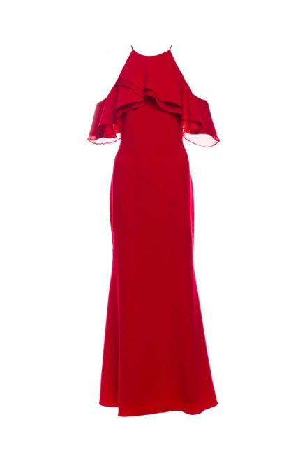 Червона сукня із оголеними плечами