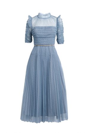 Небесно-блакитна сукня з флок напиленням polka dot